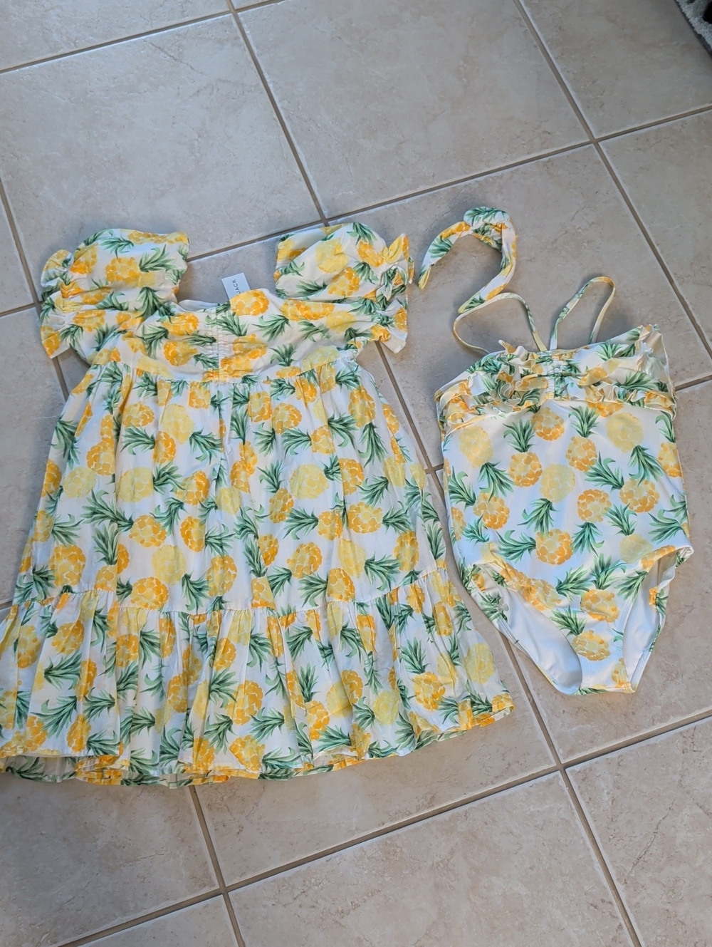 Janie & Jack White Pineapple Dress, Yellow Floral Print, Swimsuit, Headband Sz10